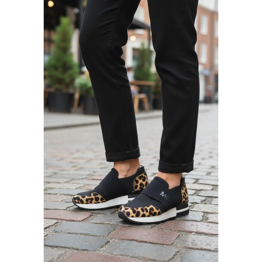 Michael Kors Slip-On Sneakers Leopard Calf Hair & Black Elastic Size 6.5 Wedge